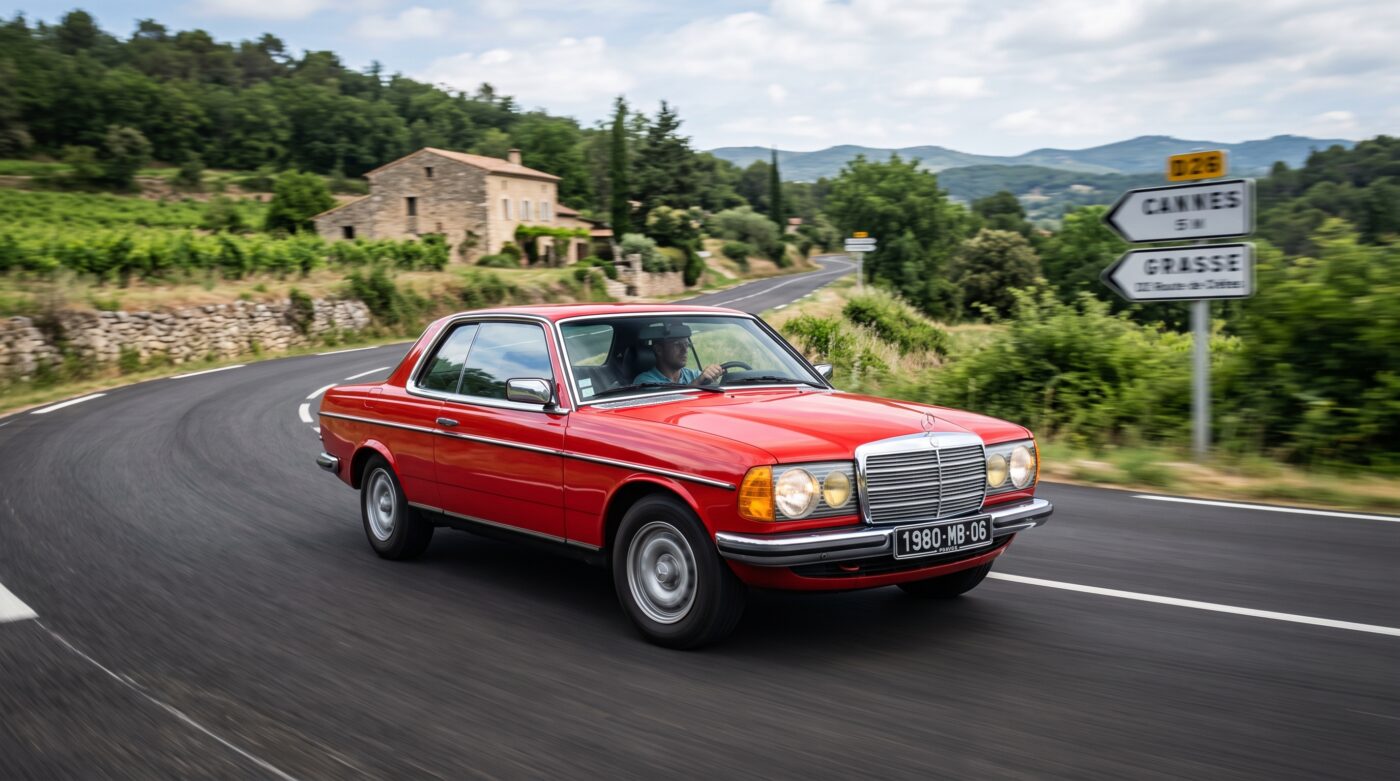 Mercedes C123 Coupé rouge en plein essai routier sur une route de campagne française ensoleillée.