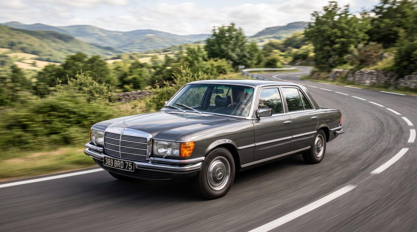 La Mercedes-Benz W116 grise en essai routier sur une route de campagne française avec un effet dynamique.