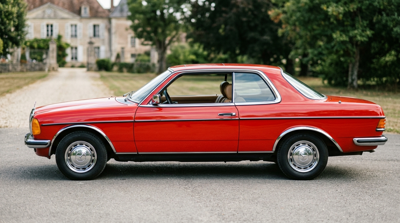 Vue de côté latérale d'une Mercedes C123 Coupé rouge mettant en avant la ligne élégante sans montant B.