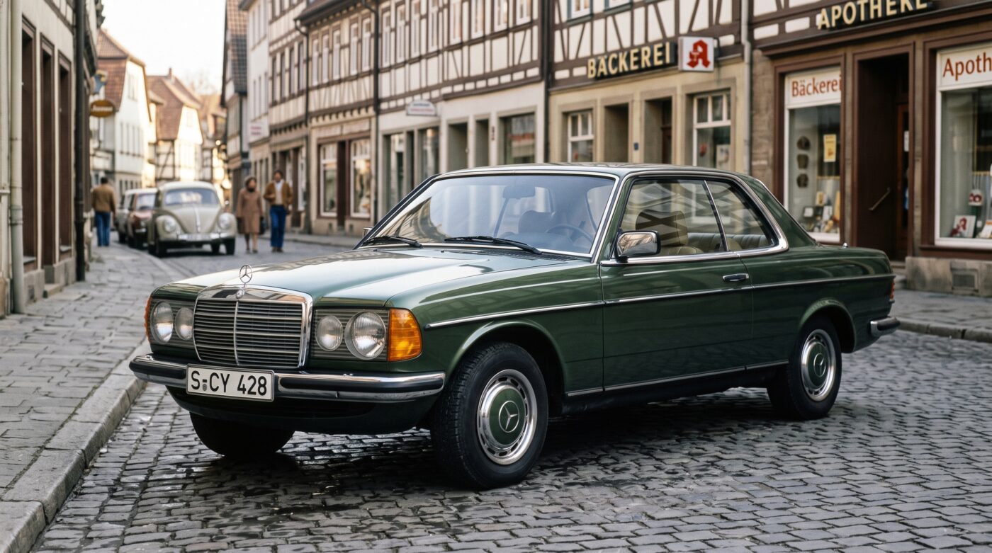 Détail historique montrant la plaque d'immatriculation française sur une Mercedes C123 Coupé rouge.