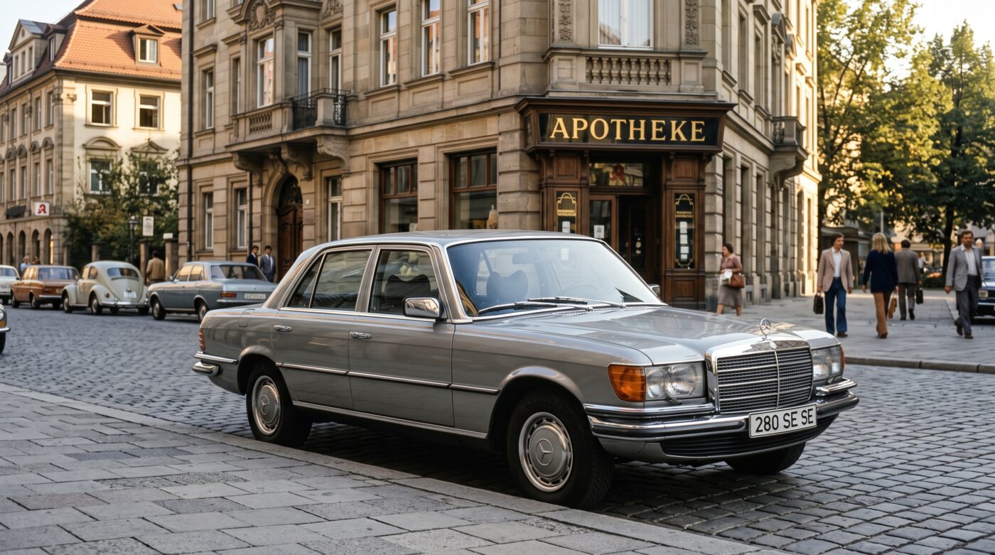 Mercedes-Benz W116 grise photographiée dans un cadre historique rappelant son héritage automobile.