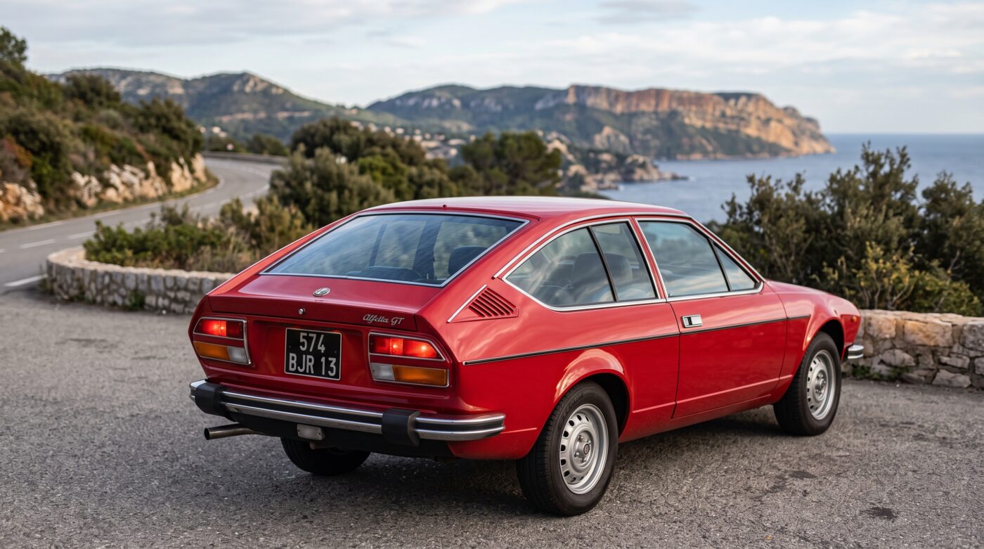 Alfa Romeo Alfetta GTV rouge vue de trois quarts arrière soulignant le design coupé iconique.