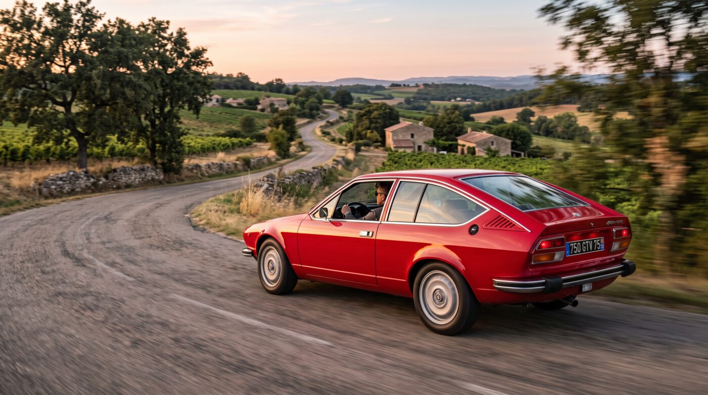 Alfa Romeo Alfetta GTV rouge en plein essai routier sur une route sinueuse de campagne.