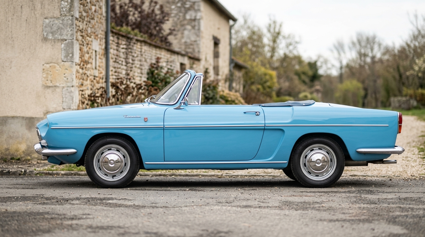  Profil latéral complet d'une Renault Floride 1959 bleu clair, soulignant la finesse du design et les proportions classiques.