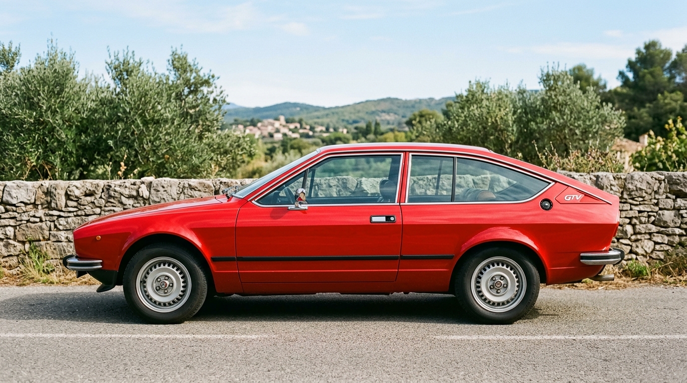 Vue latérale profil de l'Alfa Romeo Alfetta GTV rouge mettant en avant sa ligne de coupé.