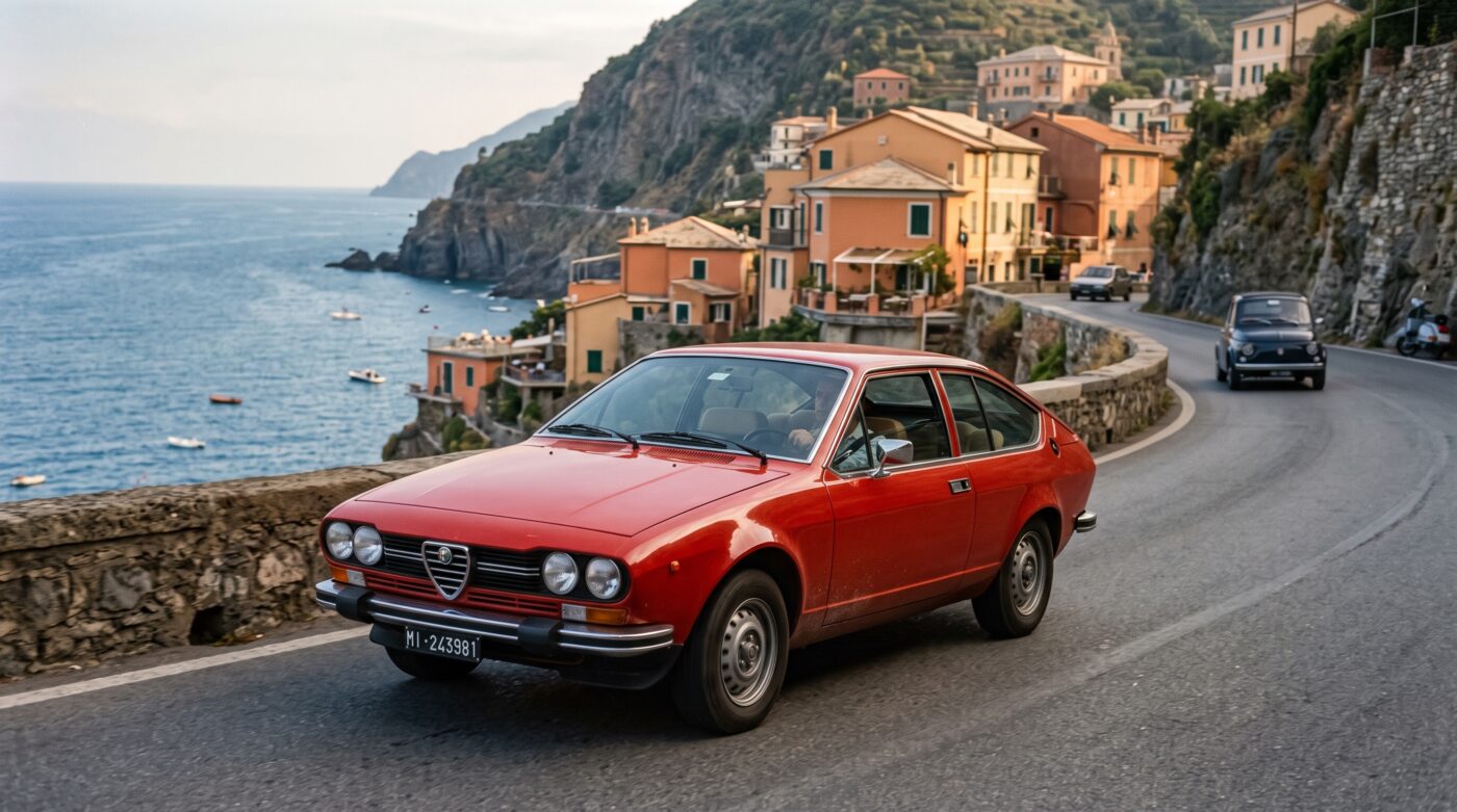Détails historiques et emblèmes de la calandre sur une Alfa Romeo Alfetta GTV rouge.