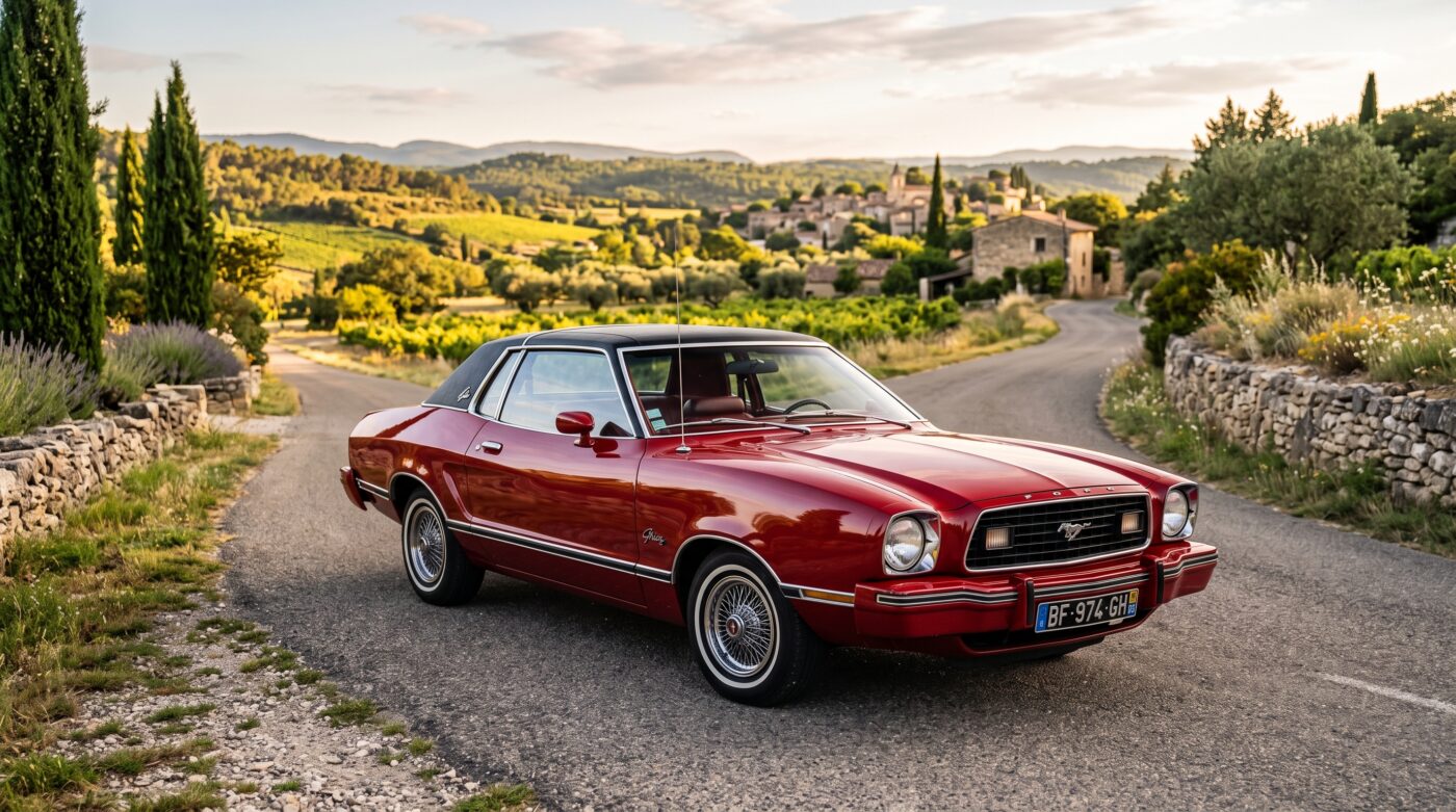 Ford Mustang II 1974 rouge vue de trois quarts avant stationnée dans un décor naturel avec plaque française
