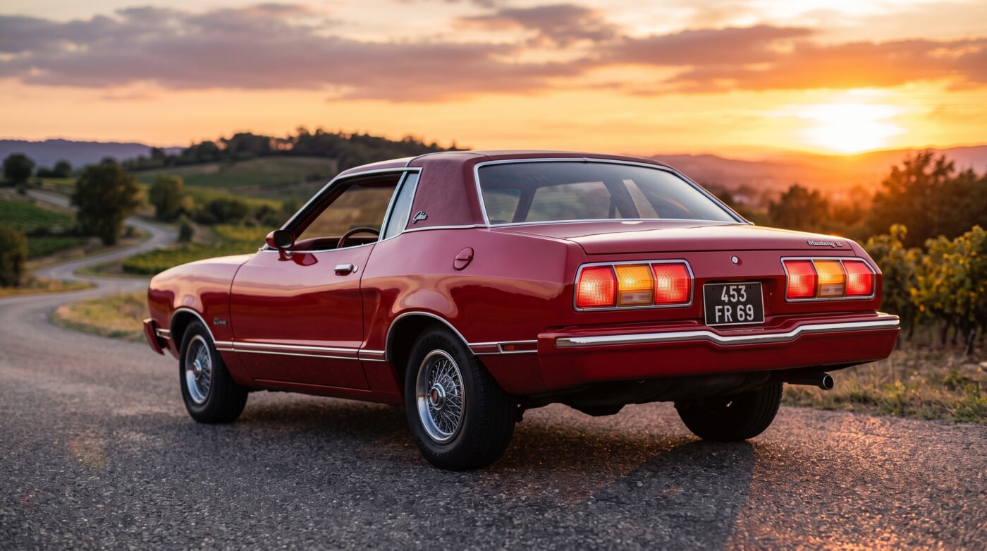 Ford Mustang II 1974 rouge vue de trois quarts arrière soulignant les lignes du coupé et les feux