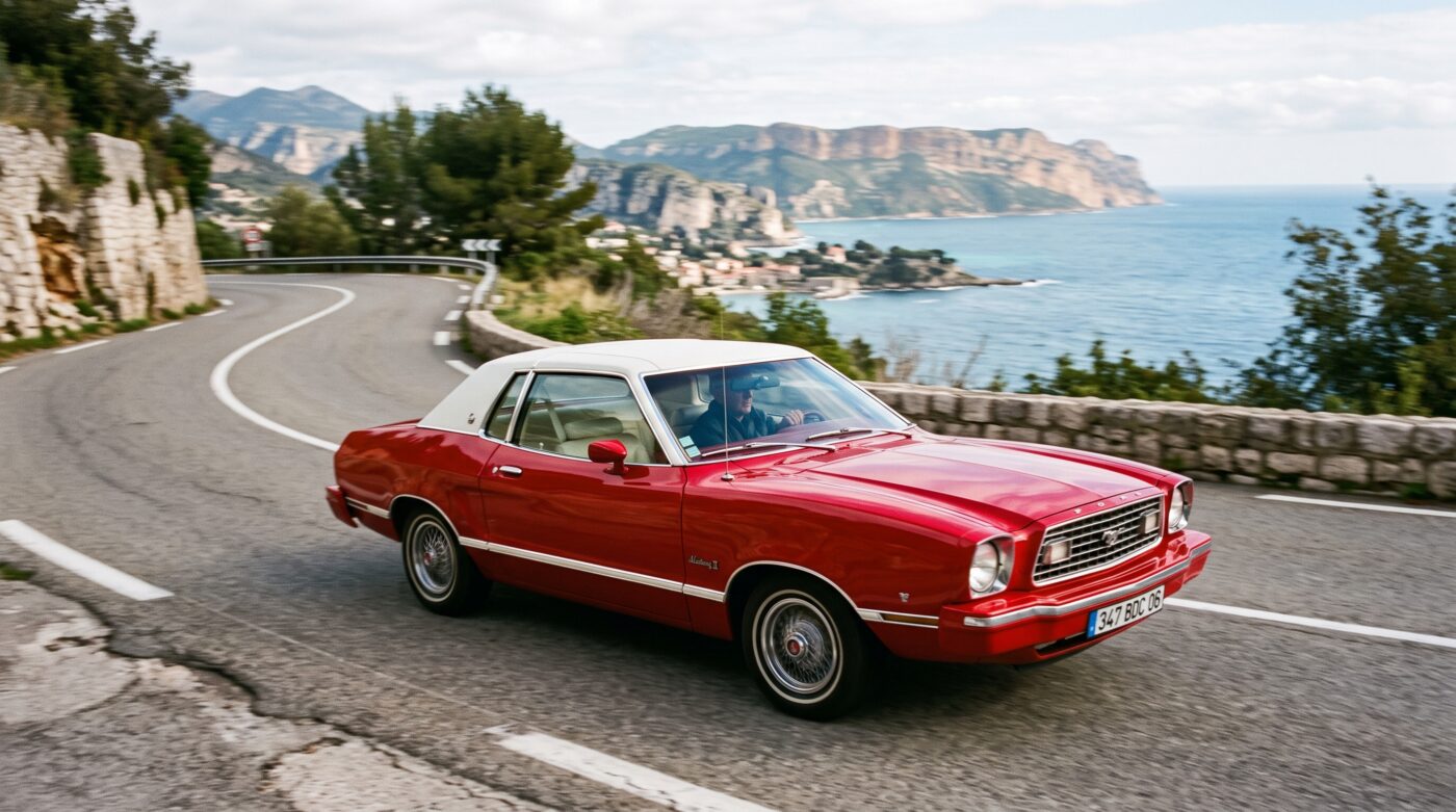 Ford Mustang II 1974 : Essai dynamique Ford Mustang II 1974 rouge en mouvement sur une route sinueuse pour illustrer l'essai routier du modèle