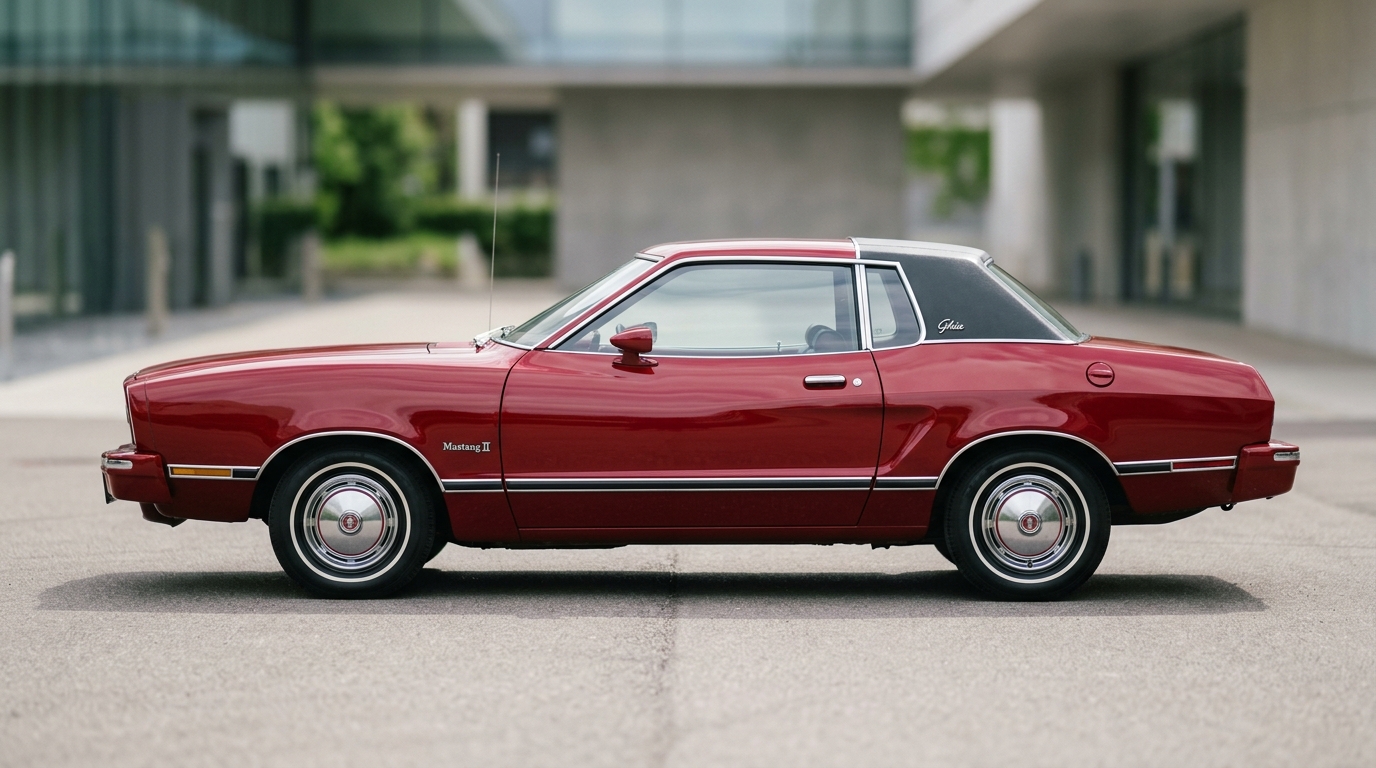 Vue de profil latéral d'une Ford Mustang II 1974 rouge en parfait état d'origine