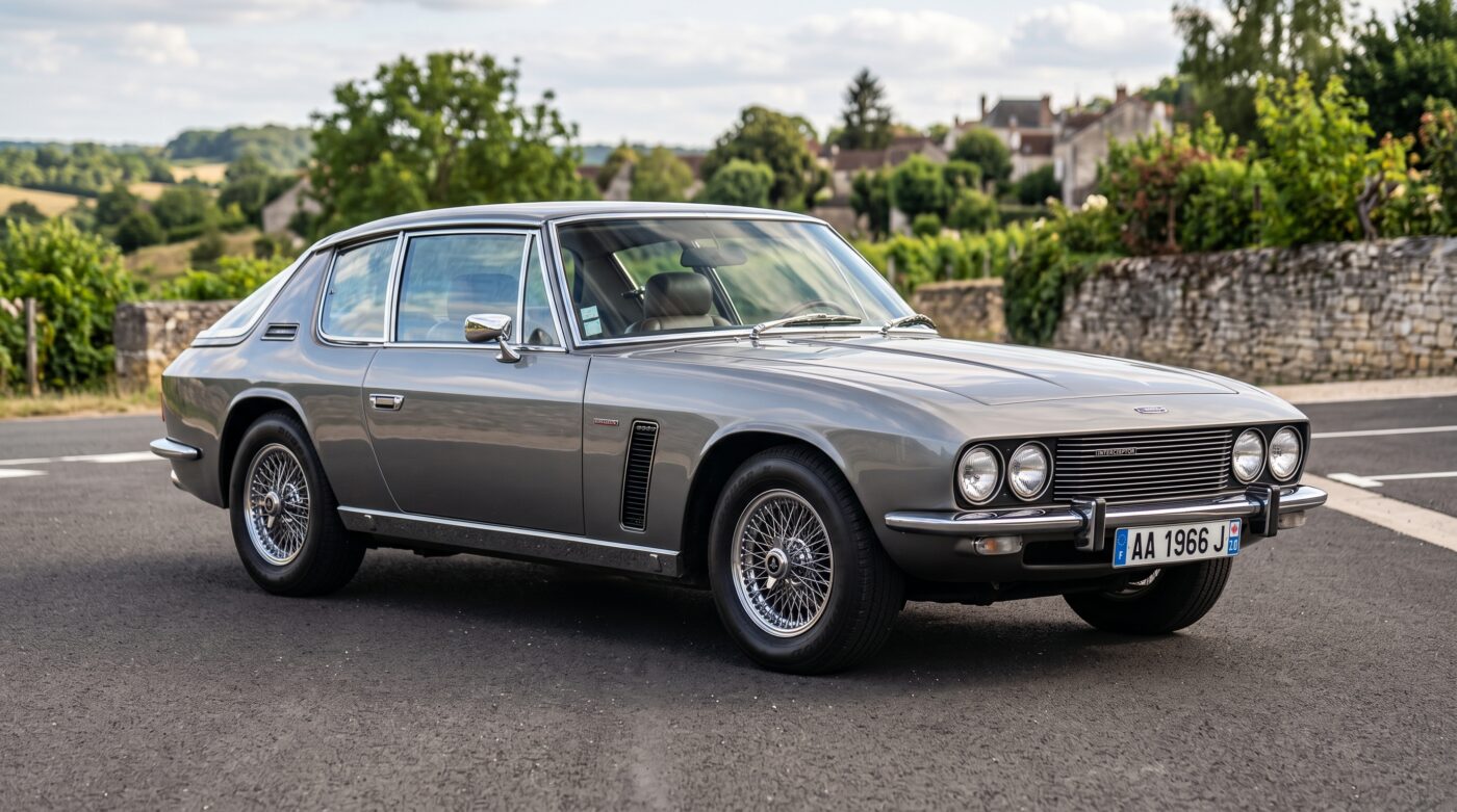 Jensen Interceptor 1966 grise vue de trois quarts avant sur une route goudronnée, design italien et mécanique anglaise.