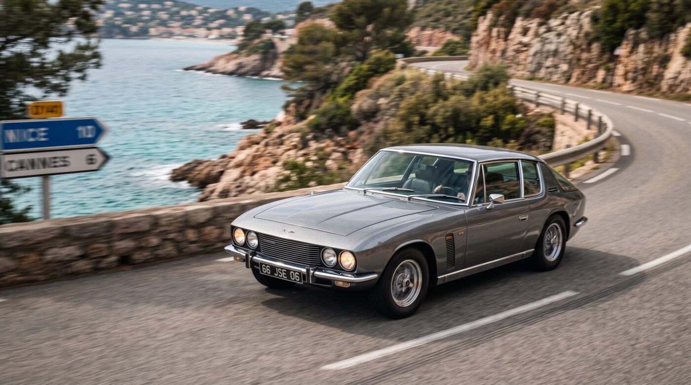  La Jensen Interceptor 1966 grise en action sur route pour un essai routier dynamique et élégant.