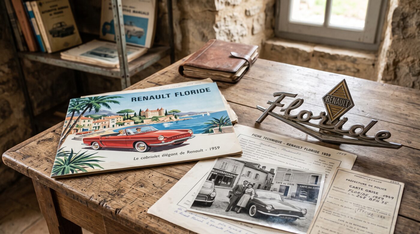  Documents historiques et archives pour une Renault Floride 1959, illustrant le patrimoine de ce modèle iconique.