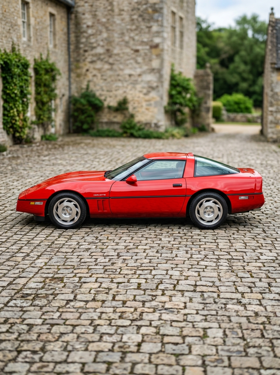 Profil latéral d'une Chevrolet Corvette C4 rouge, illustrant ses lignes aérodynamiques et son design typique des années 80.
