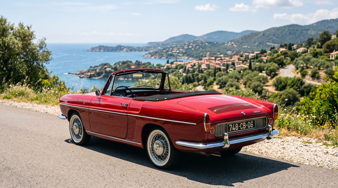 Vue de trois quarts arrière d'une Renault Caravelle rouge mettant en valeur ses courbes élégantes et ses chromes.