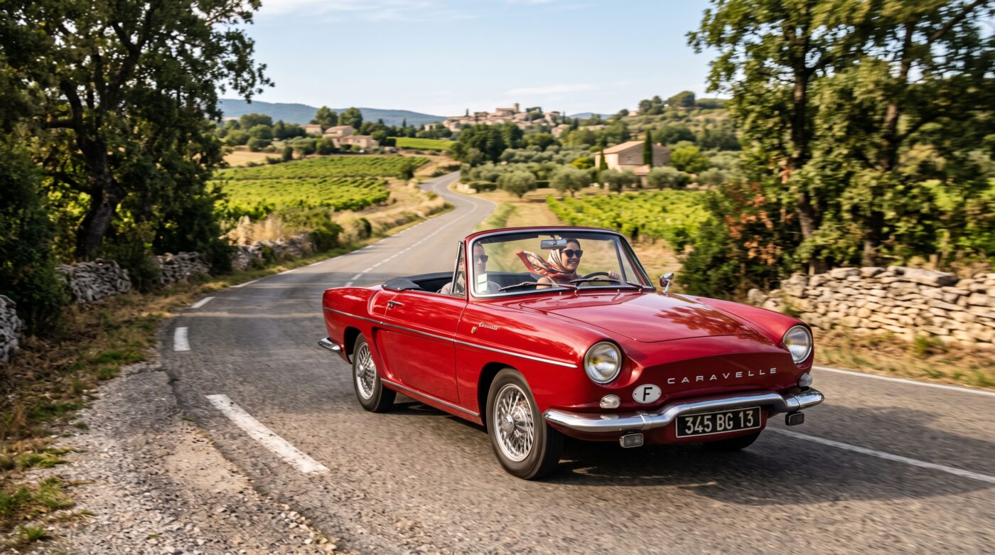 Renault Caravelle rouge en plein essai routier sur une route de campagne française pittoresque.