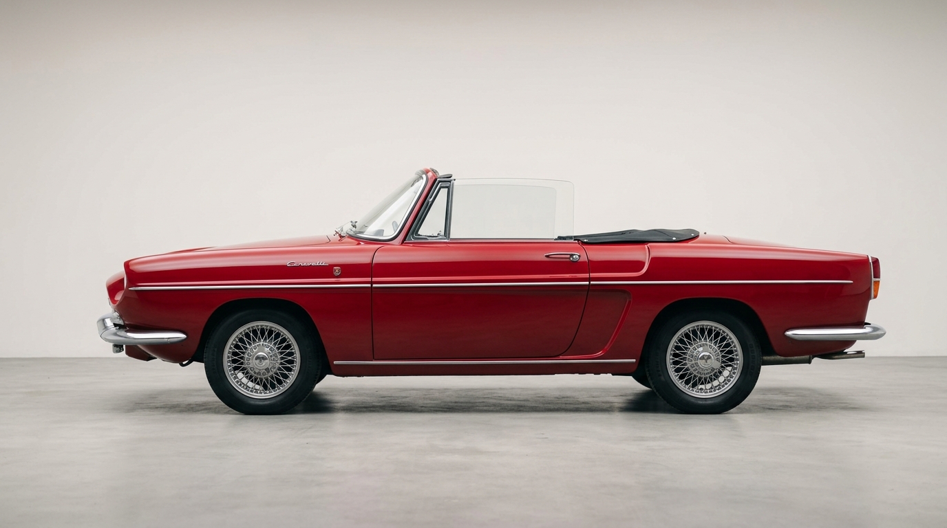 Vue latérale profil d'une Renault Caravelle rouge illustrant le design fluide et intemporel du cabriolet.