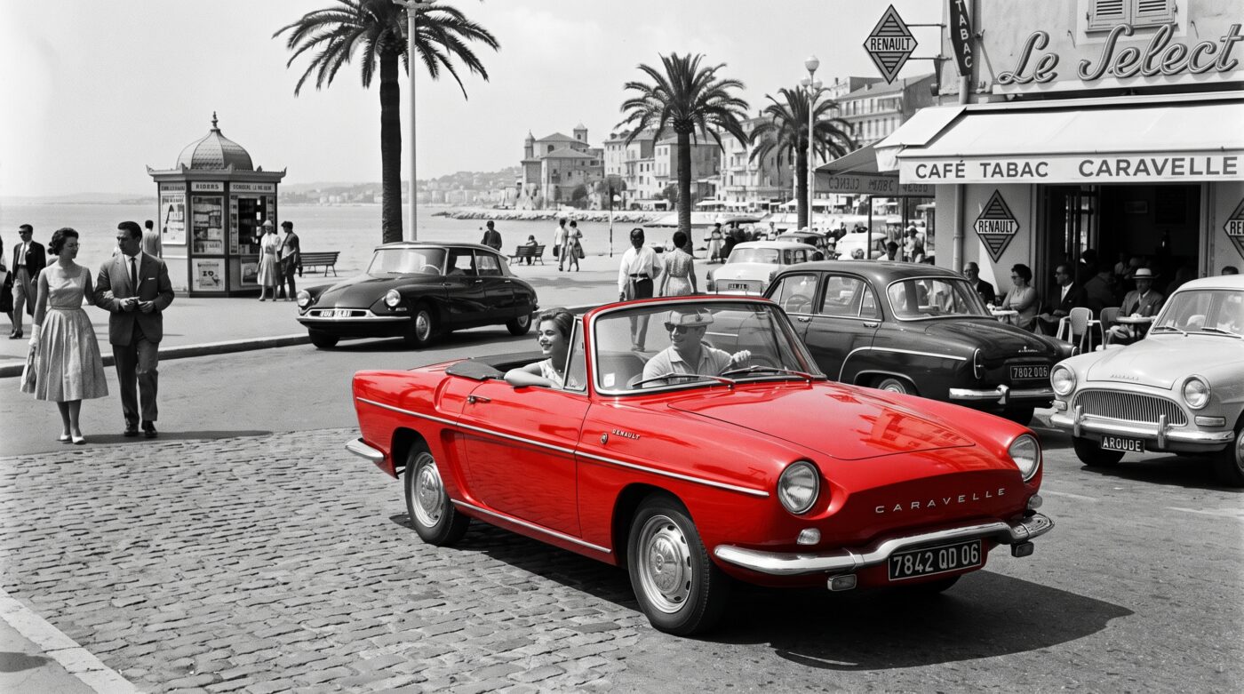 Mise en scène historique évoquant l'héritage de la Renault Caravelle rouge dans le paysage automobile français.