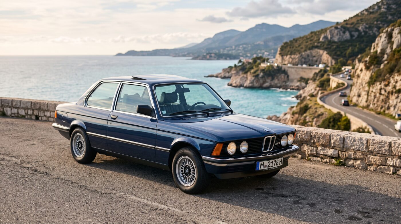 BMW E21 bleu foncé vue de trois quarts avant, mettant en valeur son design iconique des années 70 et 80.