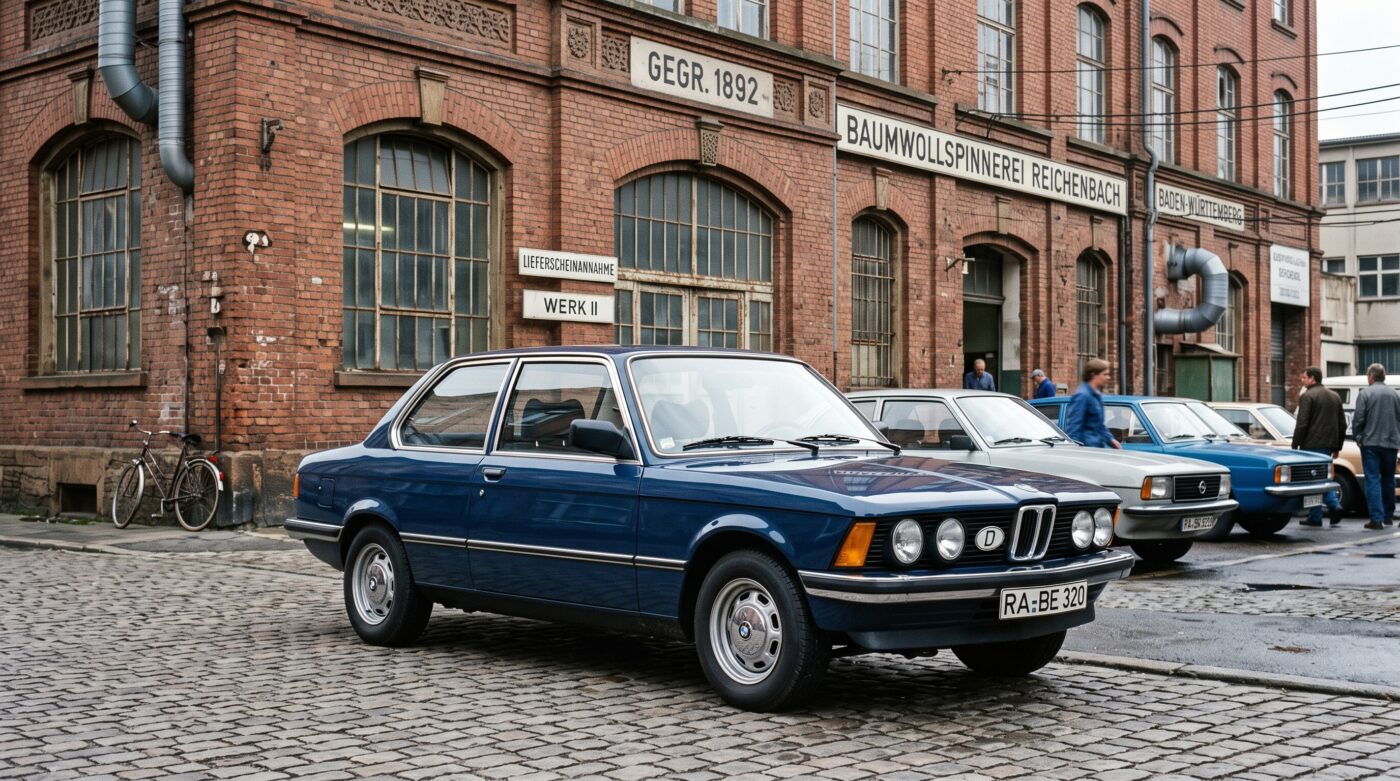 BMW E21 bleu foncé devant un site historique, illustrant le patrimoine automobile de la marque allemande.