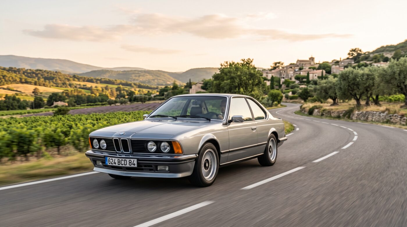 BMW E24 coupé gris en vue de trois quarts avant stationné sur une route de campagne française.