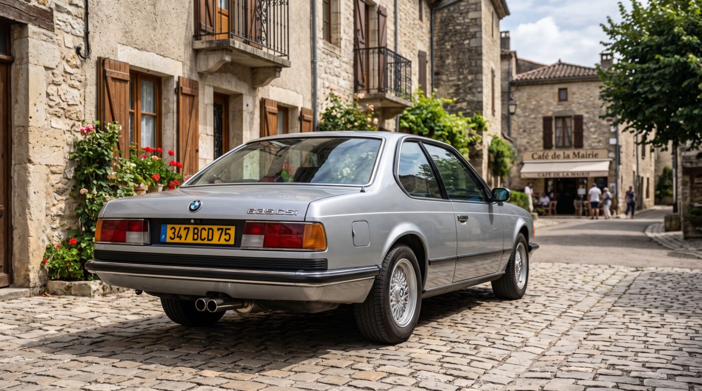 Vue arrière de la BMW E24 grise soulignant ses lignes élégantes et ses optiques d'origine.
