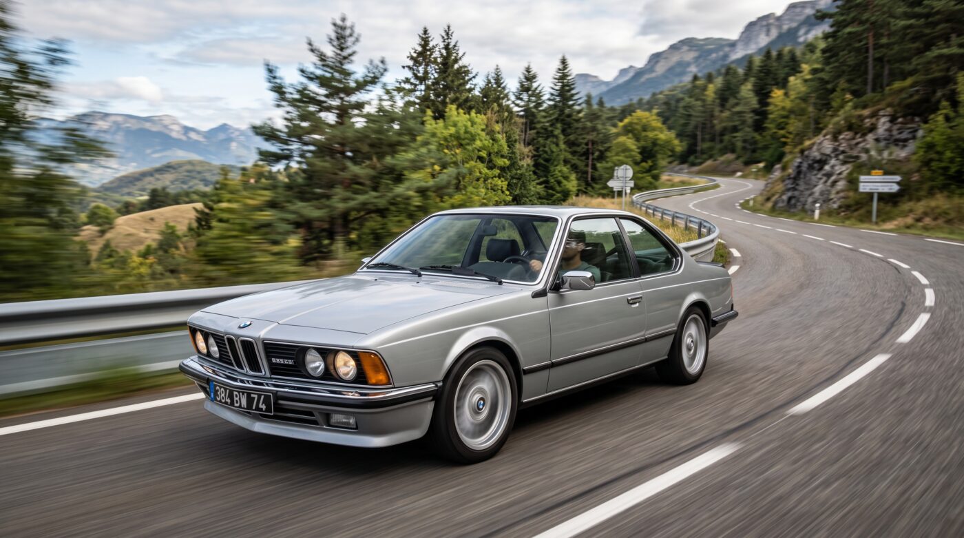 BMW E24 grise en action sur une route sinueuse pour une mise en situation de conduite.
