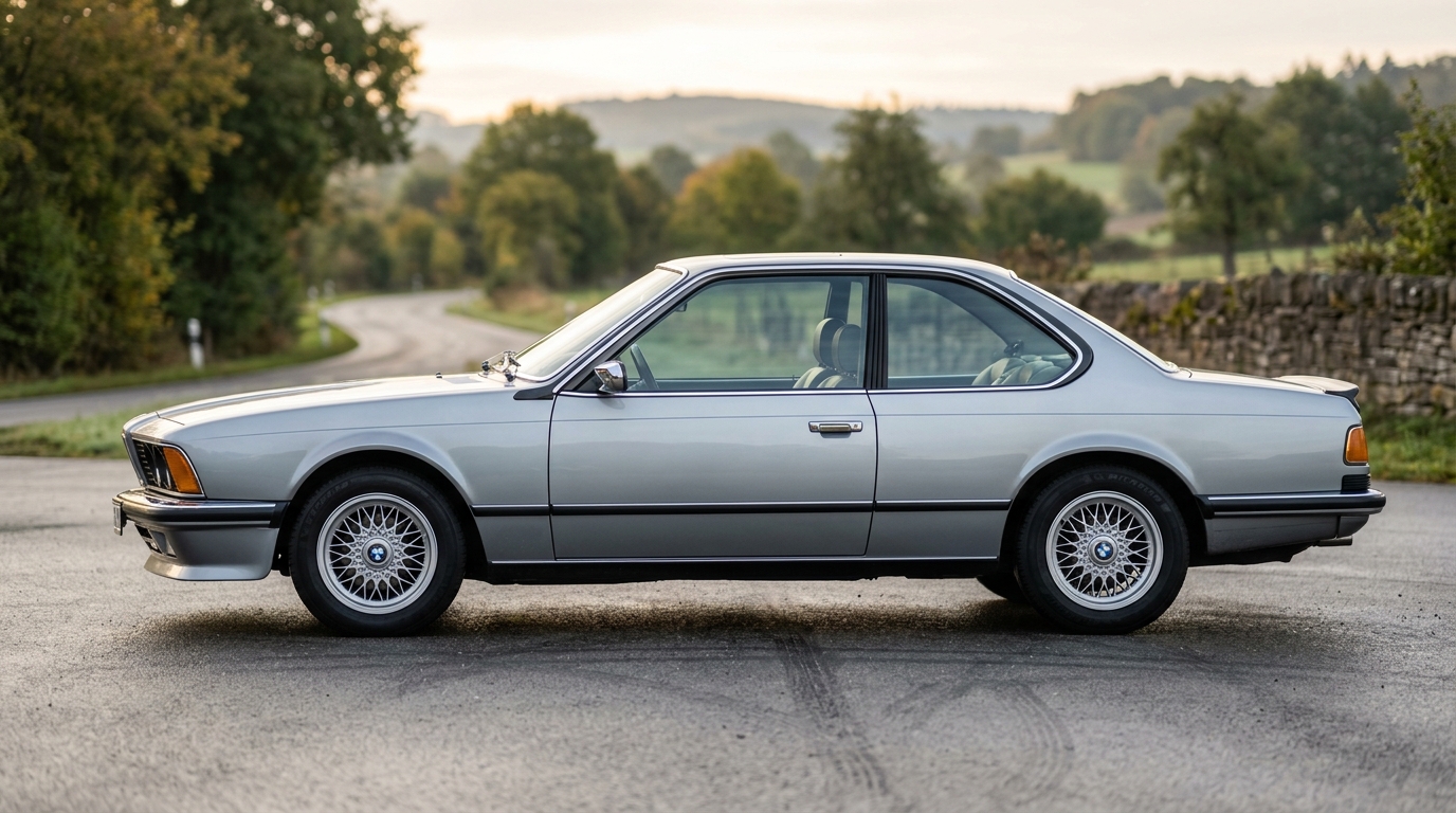 Profil latéral de la BMW E24 grise démontrant l'équilibre des proportions du coupé allemand.
