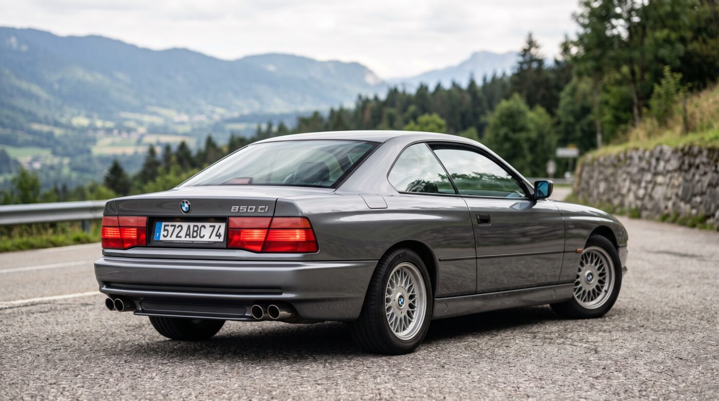 BMW Série 8 E31 : vue trois quarts arrière Vue arrière de trois quarts d'une BMW Série 8 E31 grise, mettant en avant la ligne effilée du coupé de luxe.