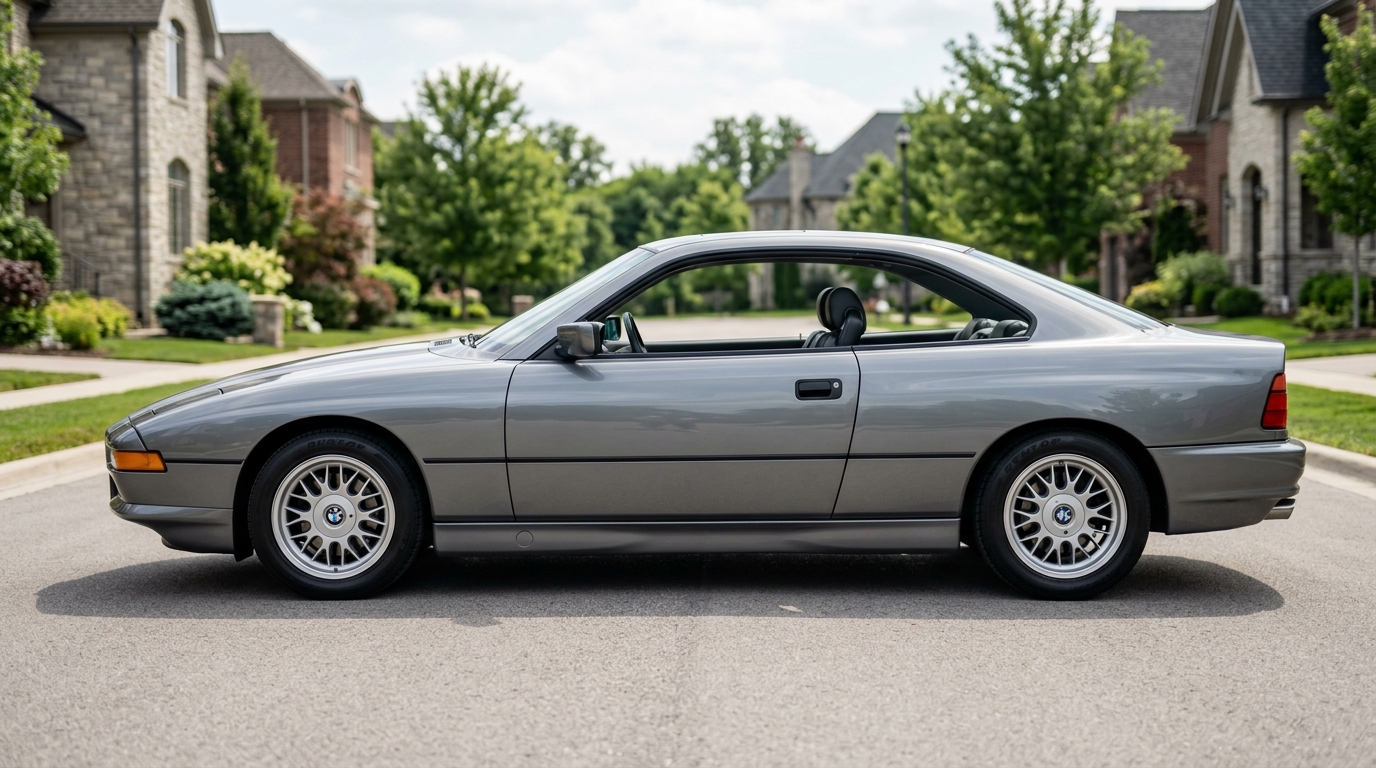 BMW Série 8 E31 : vue de profil Profil latéral de la BMW Série 8 E31 grise, mettant en évidence sa silhouette élancée et son design indémodable.