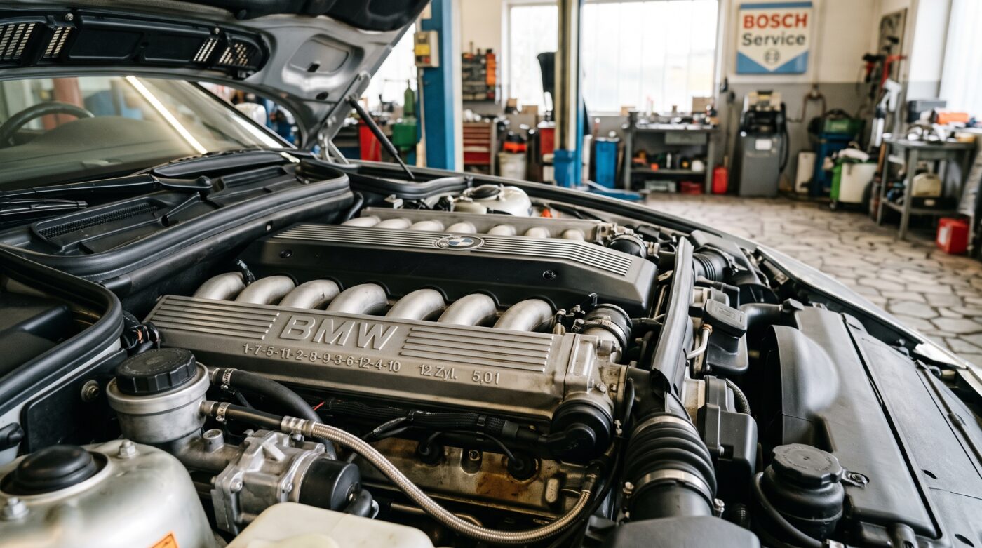 BMW Série 8 E31 : compartiment moteur Compartiment moteur d'une BMW Série 8 E31, témoignant de l'ingénierie mécanique de ce coupé emblématique.