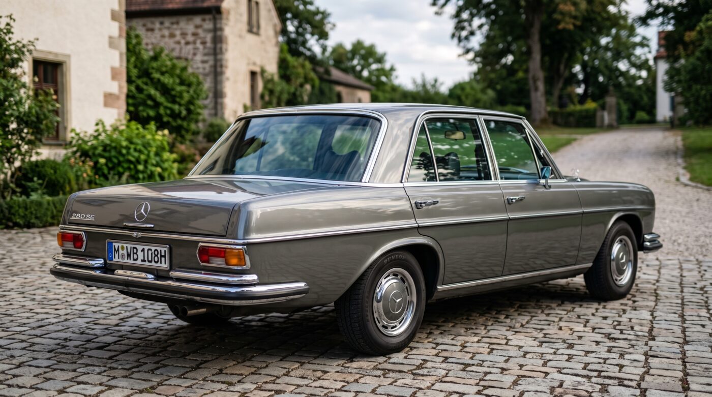Vue trois quarts arrière Mercedes W108 Vue arrière de trois quarts d'une Mercedes-Benz W108 grise soulignant les optiques caractéristiques.