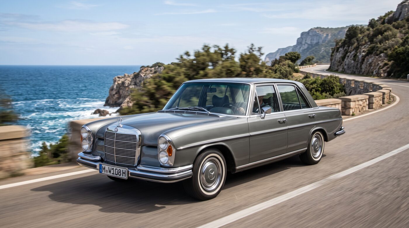 Mercedes W108 en essai routier Mercedes-Benz W108 grise en essai routier sur une route côtière avec un léger flou de mouvement.