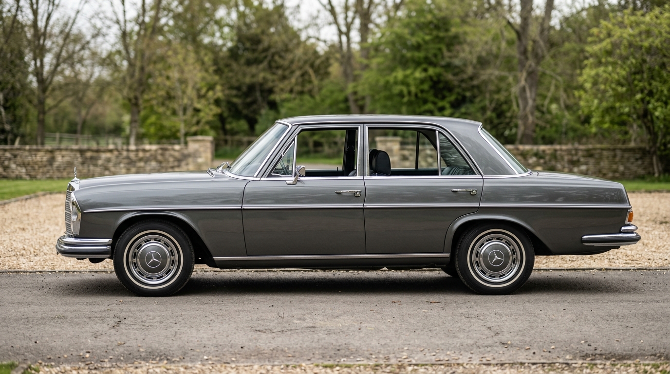 Vue de côté Mercedes W108 Vue de profil d'une Mercedes-Benz W108 grise illustrant ses lignes classiques et ses chromes.