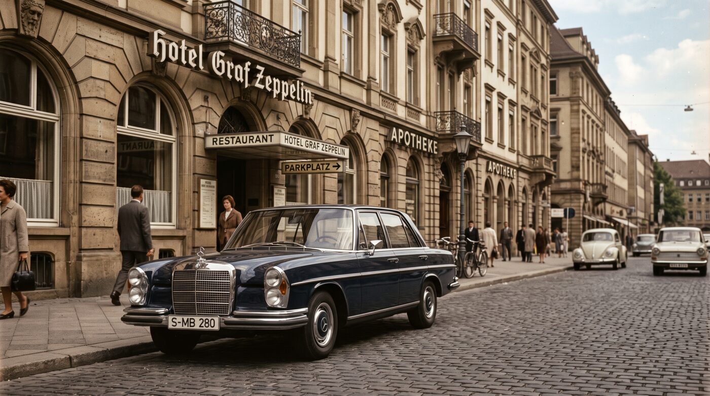 Historique Mercedes W108 Mise en scène historique évoquant les années 60 avec une Mercedes-Benz W108 grise.