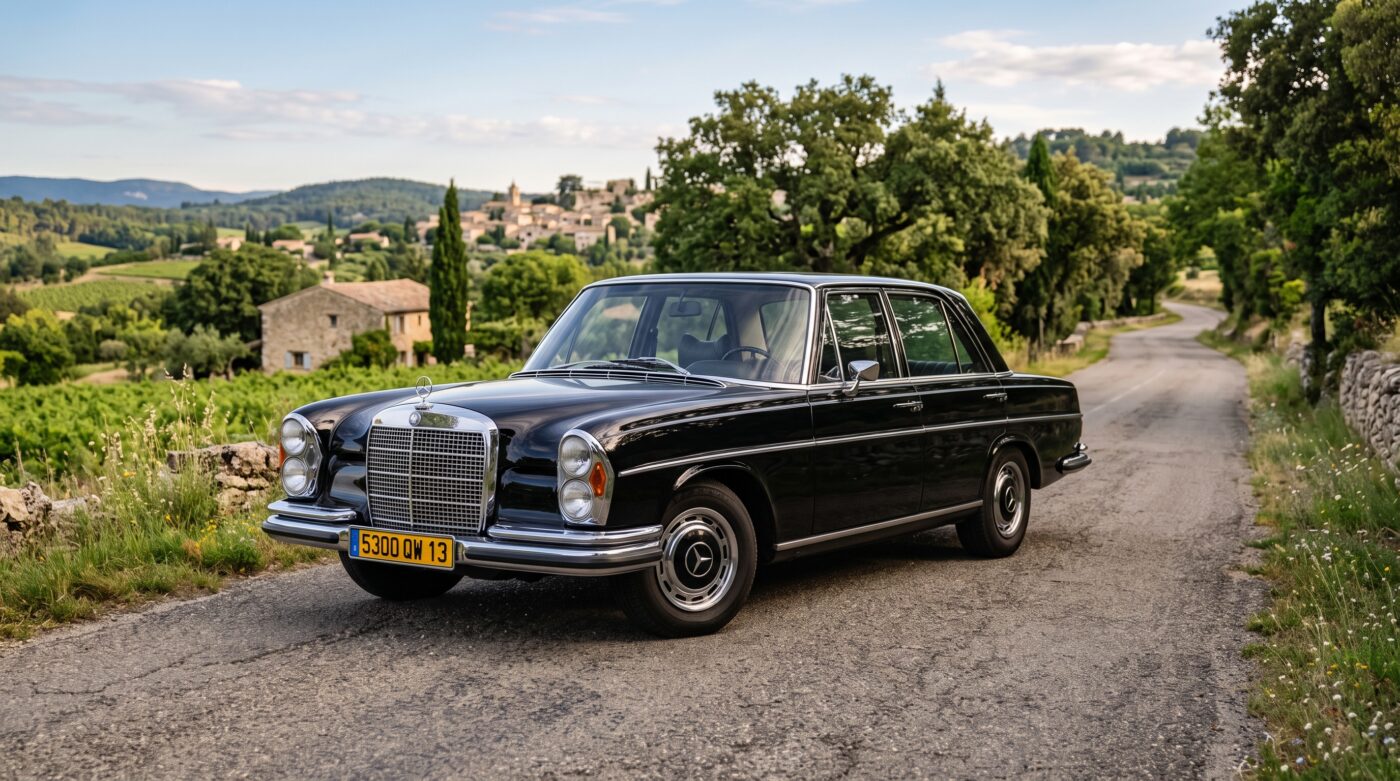 Vue de trois quarts avant d'une Mercedes-Benz W109 noire de 1968 dans un état impeccable sur une route française.