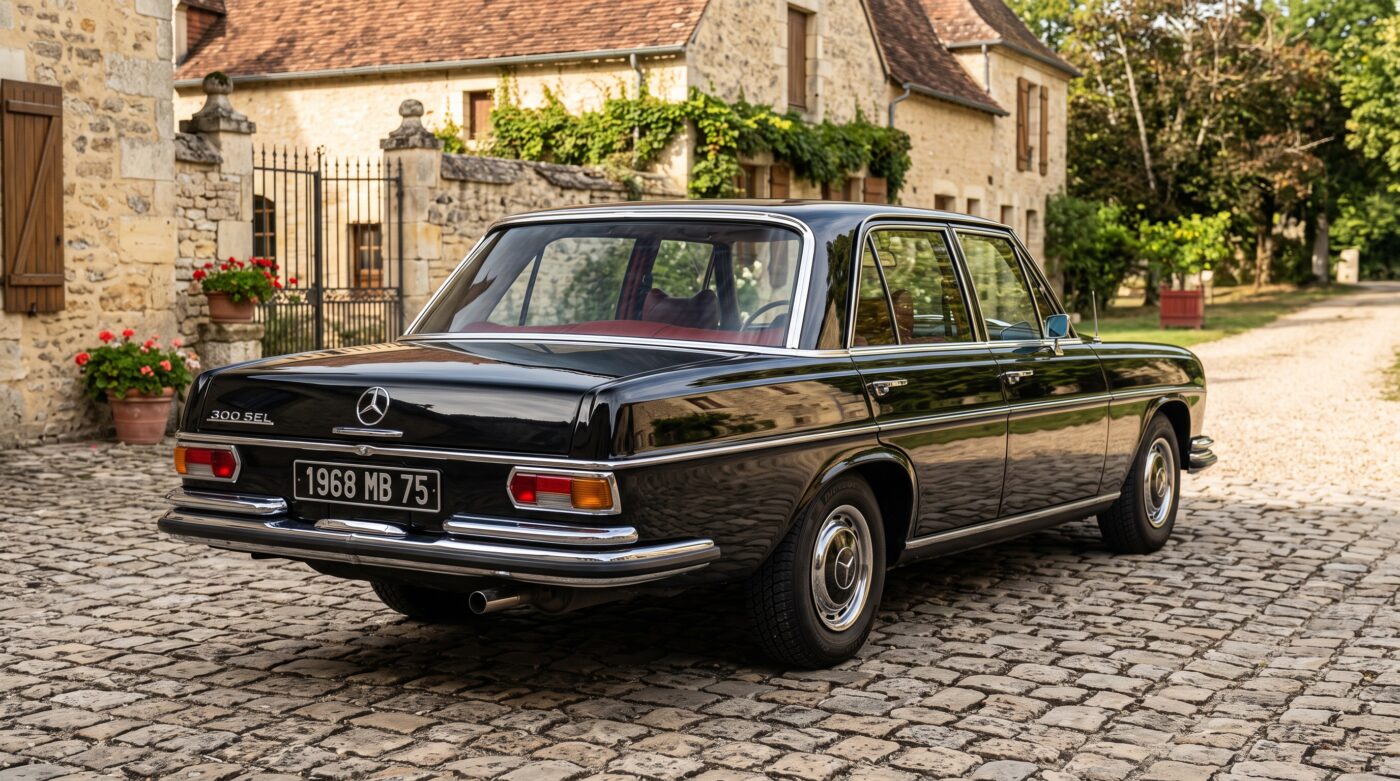 Vue arrière de trois quarts d'une Mercedes W109 noire, mettant en avant ses lignes classiques et ses optiques d'origine.