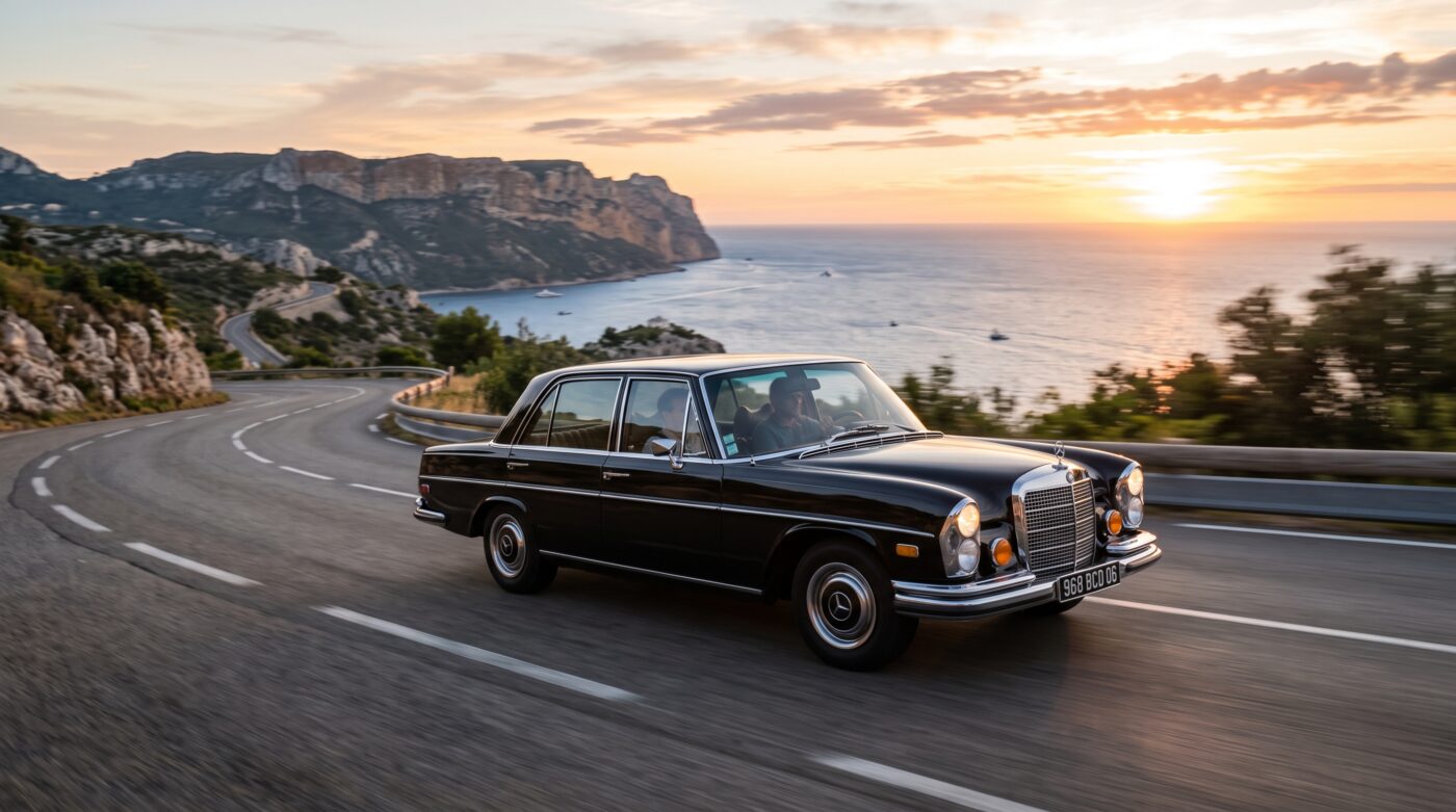 Mercedes-Benz W109 noire en plein essai routier sur une route de campagne française avec un éclairage naturel.