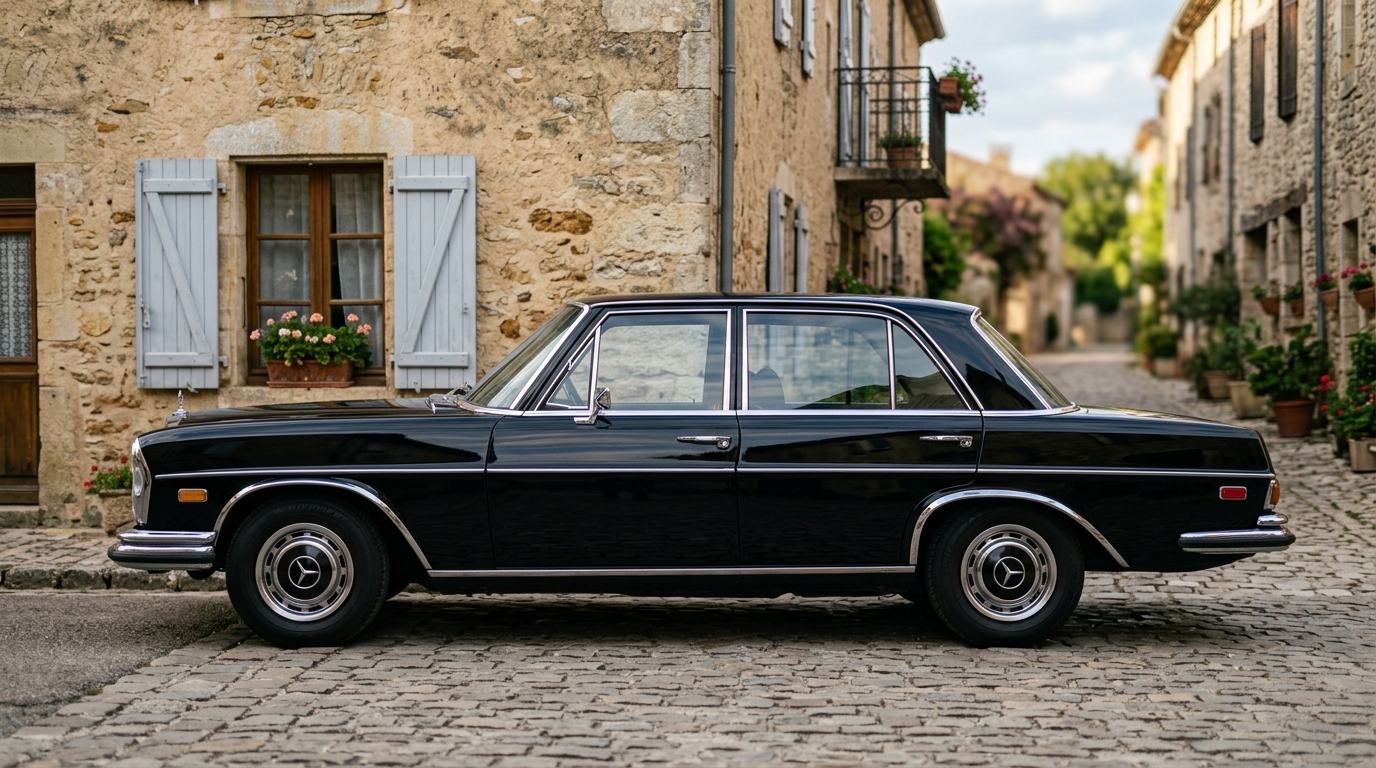 Profil latéral d'une Mercedes-Benz W109 noire élégante, soulignant les proportions classiques du modèle de 1968.