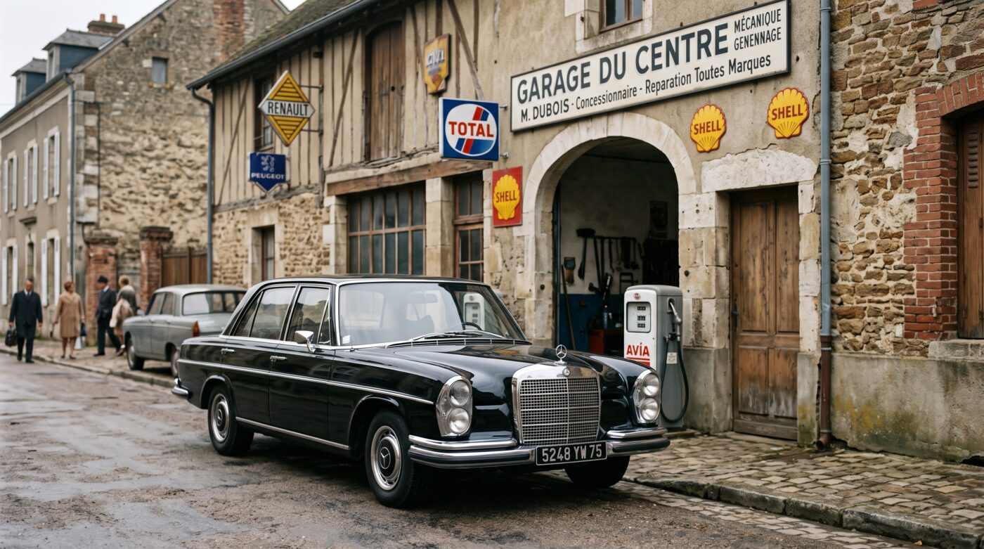 Mercedes-Benz W109 noire devant un bâtiment d'époque, illustrant l'histoire et l'héritage du modèle classique.