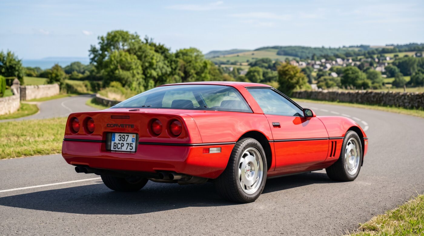 Vue de trois quarts arrière d'une Chevrolet Corvette C4 rouge, mettant en avant le design caractéristique des feux arrière.