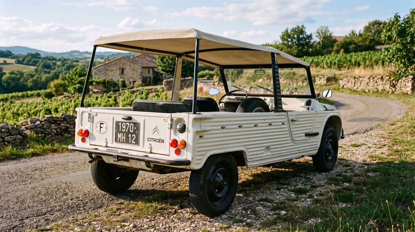 Citroën Méhari blanche vue de trois quarts arrière mettant en évidence sa carrosserie en ABS.
