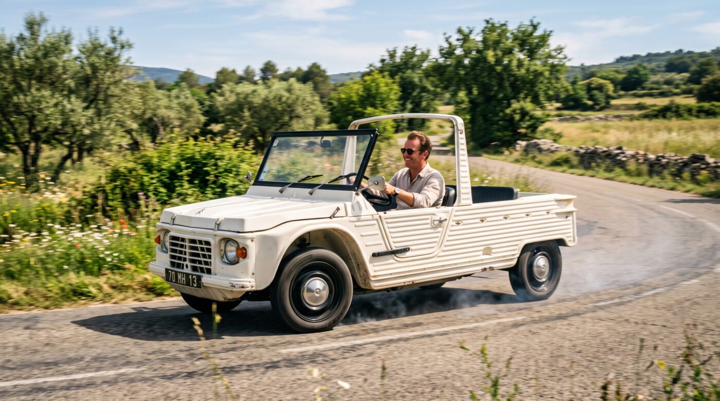 Essai routier d'une Citroën Méhari blanche de collection sur une route pittoresque.