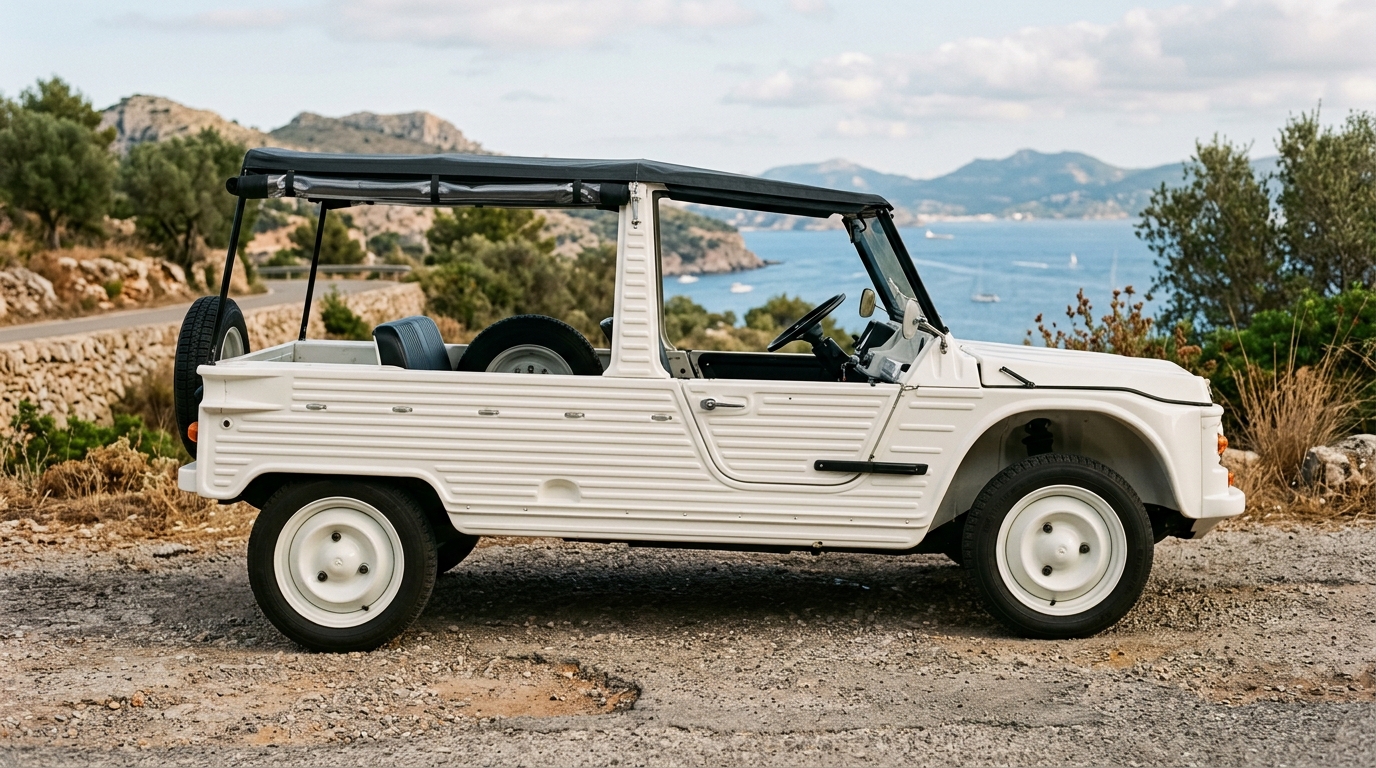 Profil latéral de la Citroën Méhari blanche, illustrant sa ligne minimaliste et utilitaire.
