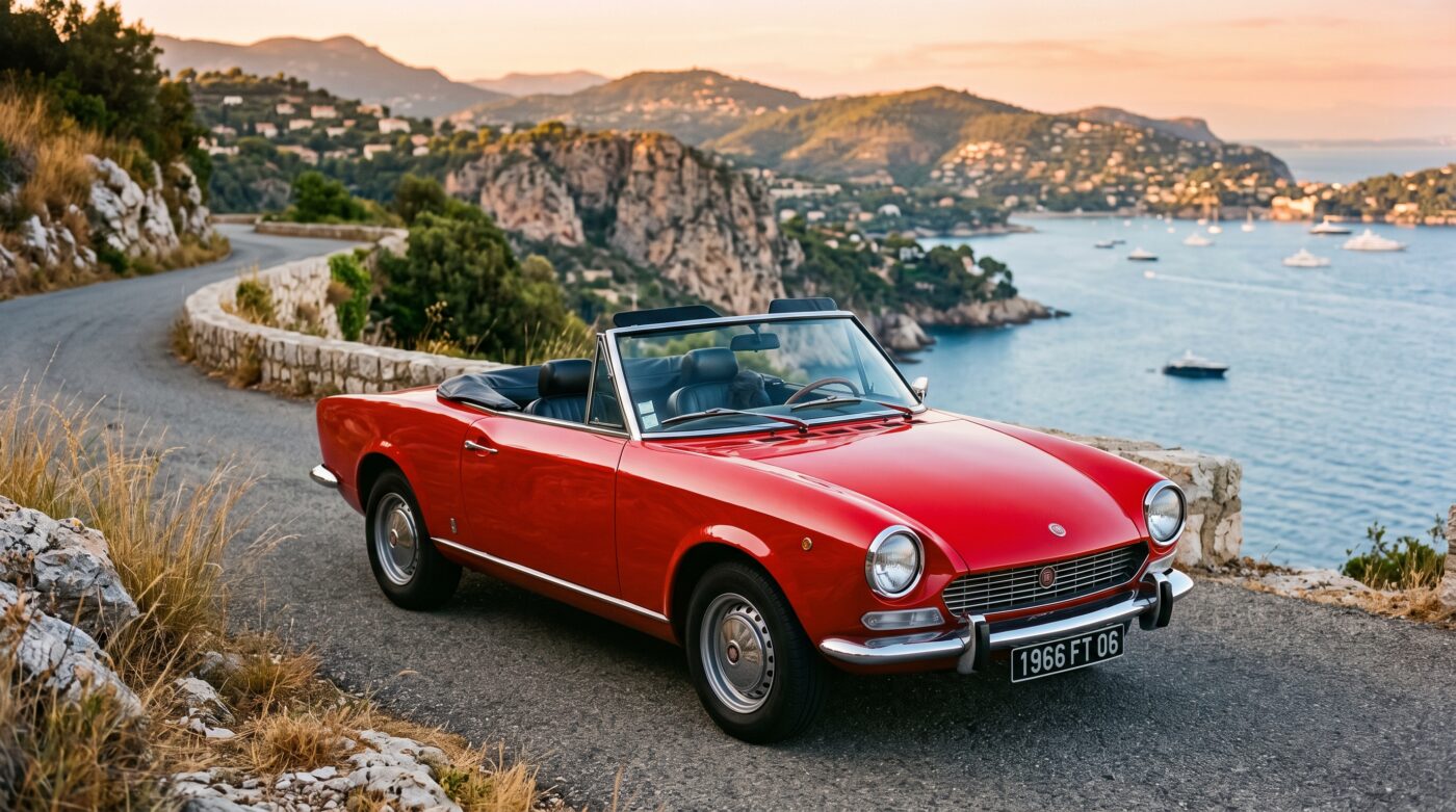 Fiat 124 Spider 1966 rouge vue de trois quarts avant stationnée sur une route côtière ensoleillée.