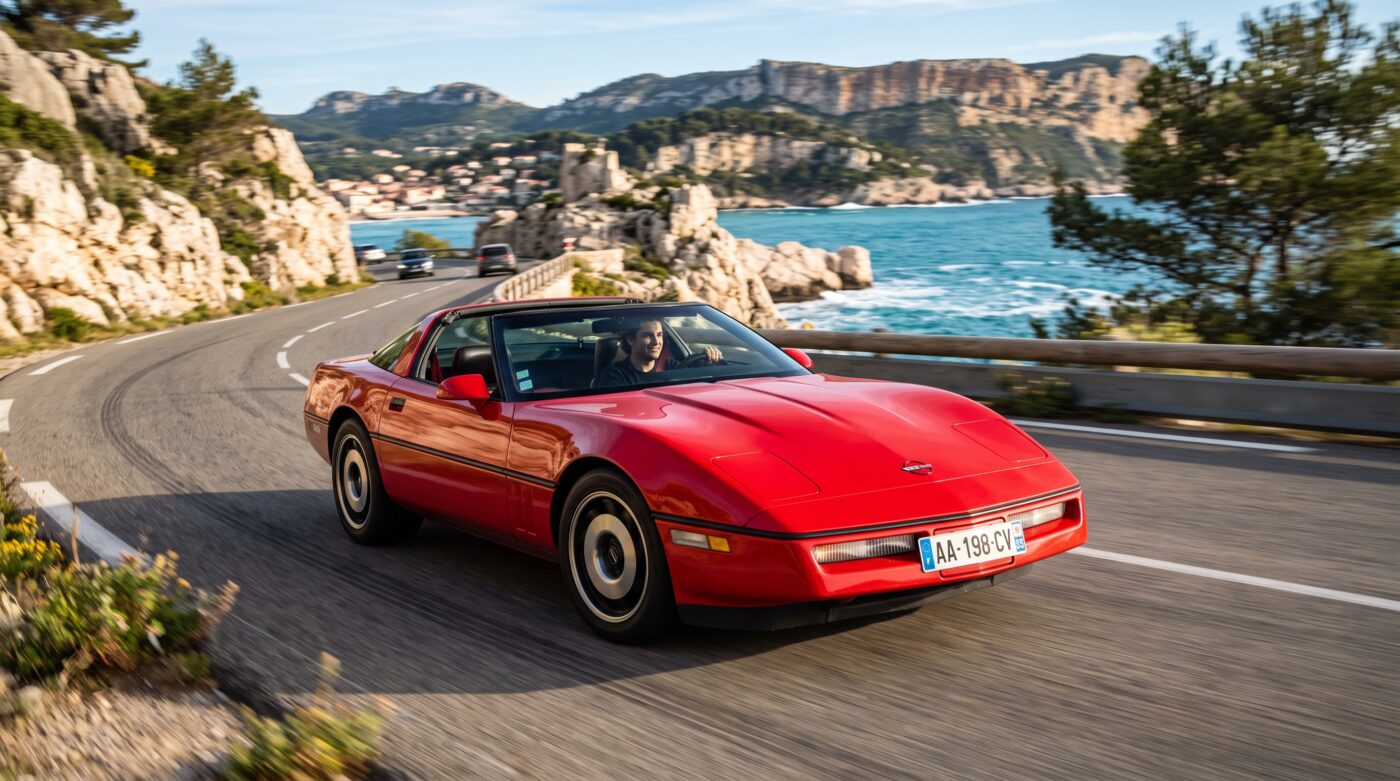 Essai routier d'une Chevrolet Corvette C4 rouge sur une route sinueuse, capturant le dynamisme et l'élégance du modèle.