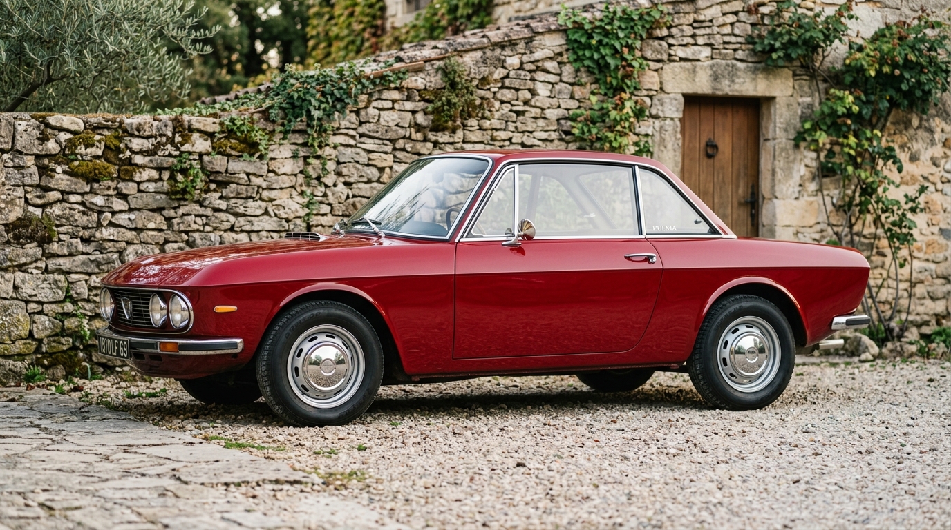 Profil latéral complet d'une Lancia Fulvia Coupé rouge, soulignant la finesse et l'équilibre des proportions de la carrosserie italienne.