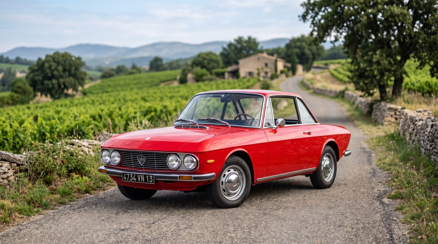 Lancia Fulvia Coupe rouge vue de trois quarts avant sur une route de campagne française, exemplaire parfaitement restauré.