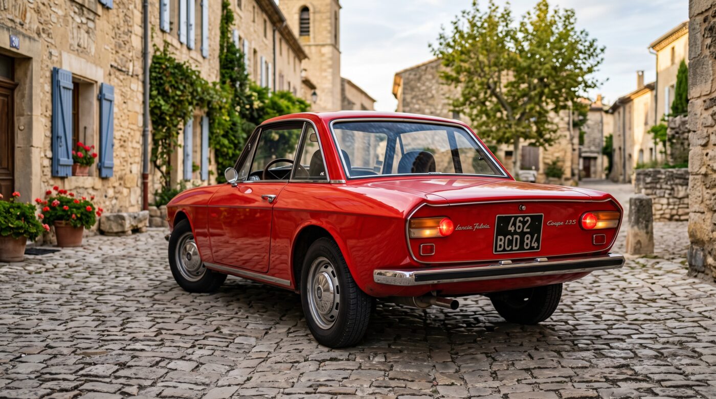 Lancia Fulvia Coupe rouge vue de trois quarts arrière soulignant les lignes classiques et les feux arrière d'origine.