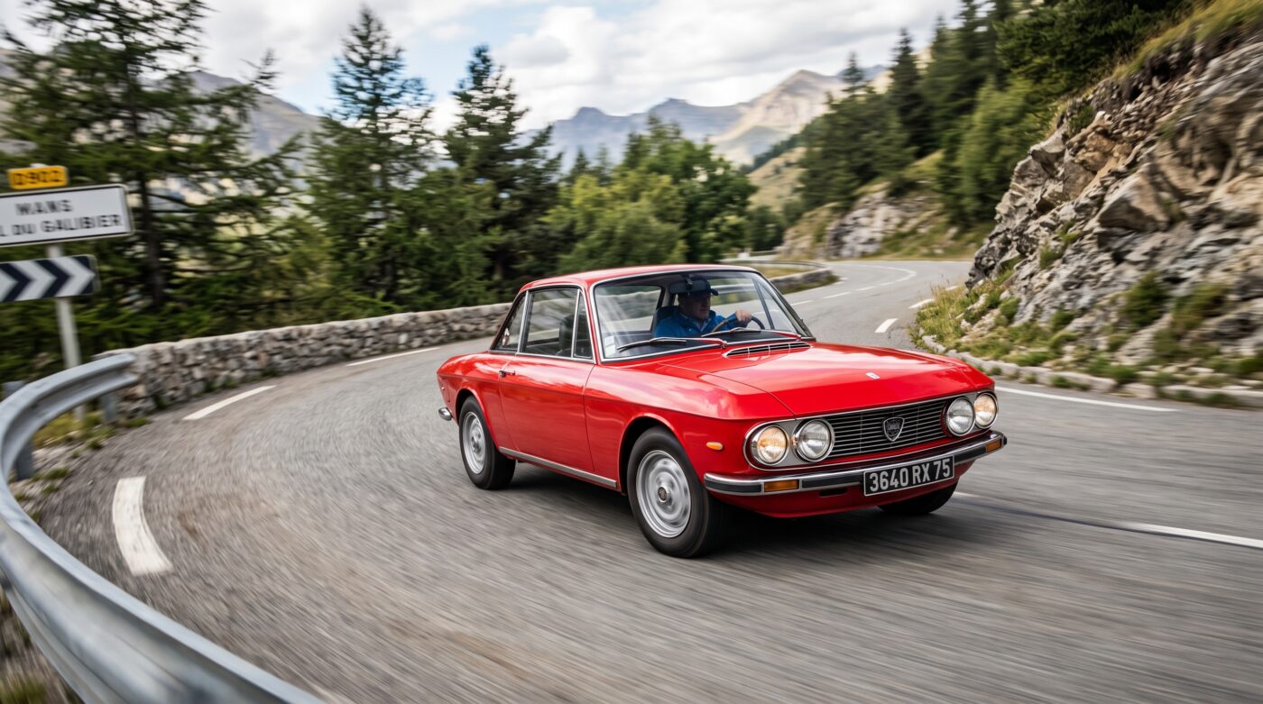 Lancia Fulvia Coupe rouge en plein essai routier sur une route de montagne, illustrant les performances du modèle.